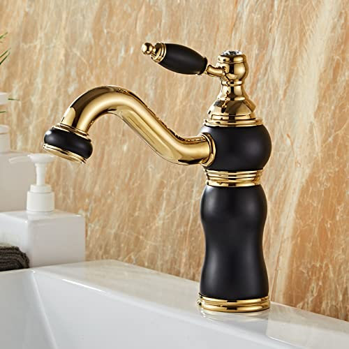Waschtischmischer Retro, 360° schwenkbarer Auslauf, Messing Waschtischarmatur Warmes und Kaltes Wasser Badarmatur, Waschtischmischbatterie mit Einhebel(Black Gold)