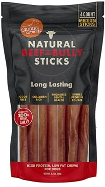 Canine Naturals | Natural Beef & Bully Sticks | Long-Lasting, Odor Free, High Protein Chews Made with 100% Real Bully | 4 Count Medium Sticks