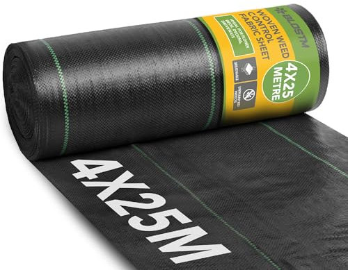 BLOSTM Woven Weed Control Membrane - Garden Membrane Weed Control Heavy Duty for Gravel or Grass Underlay, UV Stabilised Ground Cover Membrane for Garden, Landscaping Weed Barrier Fabric - 4m x 25m