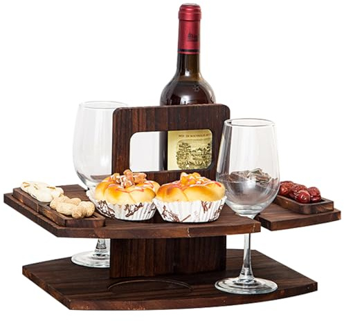 Neroyaner Wine Table Portable Picnic Table, Wooden Wine Picnic with Glass and Bottle Holders, Double Layer, Removable Tray with Handle for Camping