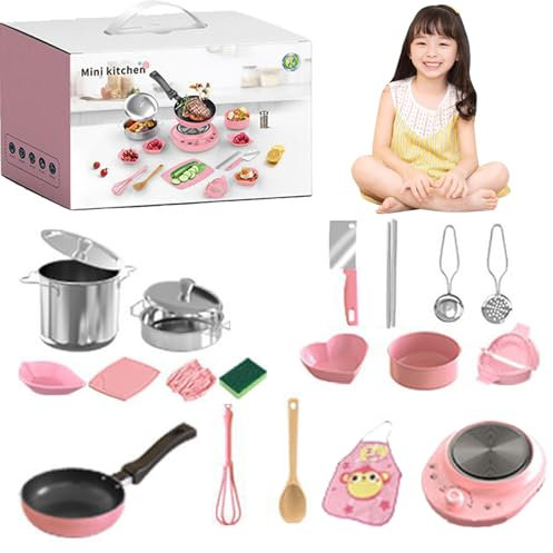 PSFDEWT 22pcs Kinderküchen-Set, Kinderkochsets aus Edelstahl aus Edelstahl, echte Lebensmittel für Kinder 7-14 Anfänger Kochen Bildungsspielzeug, Kinderküchenset