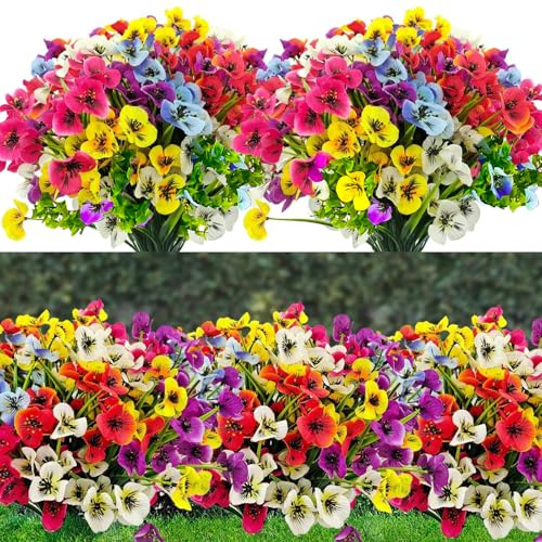 6 Bunches Artificial Flowers Outdoor Artificial Pansy Flowers UV Resistant Artificial Plant Plastic Decorative Flowers,Can be Used for Garden,Outdoor,Balcony Decoration,etc