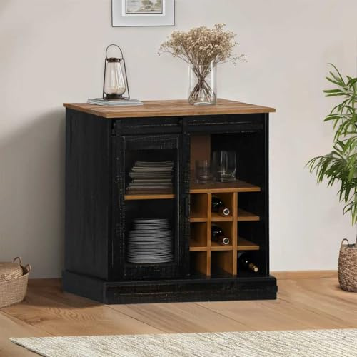 Gecheer Sideboard Halden mit Schiebetür Schwarz 80x40x80 cm Massivholz, Kommode Anrichte Schrank Beistellschrank Mehrzweckschrank Standschrank Bücherschrank Lagerschrank