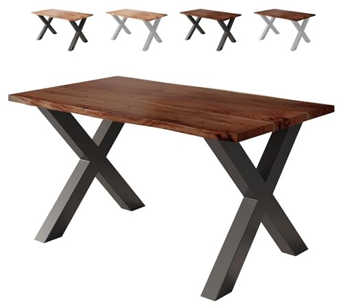 Loreno Esstisch 140×80×77cm Vento Akazie Nussbaum – X-Gestell Schwarz | Massiver Akazienholztisch nussbaumfarben mit 26mm starker Tischplatte – Perfekt für Esszimmer und Küche