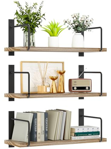 TRAYINDALY Floating Shelves for Wall Set of 3, Rustic Wood Wall Shelf for Room Decor, Multi-Functional Storage & Organiser for Bedroom, Bathroom, Living Room, Kitchen, Office（Natural wood colour）