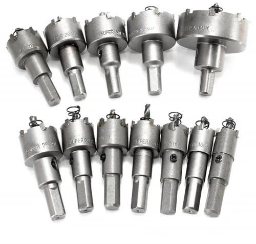 Set di seghe a tazza in lega da 12 pezzi, 15-50 mm, con punta in metallo duro, kit di punte for trapano in metallo TCT for corona di perforazione in metallo in acciaio inossidabile