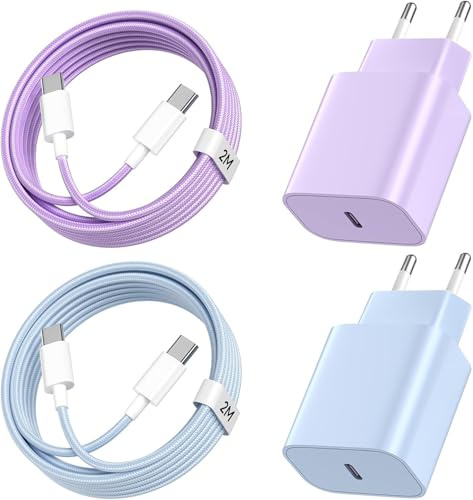 2Pack Chargeur iPhone Charge Rapide, 20W Chargeur USB C Charge Rapide Type C Prise avec 2M Câble USB C pour iPhone 16 Pro/16 Pro Max/16 Plus/15 Pro/15 Pro Max/15 Plus - Violet+Bleu