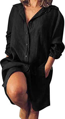 Langes Business-Hemdkleid für Damen, Arbeit, Sommer, Urlaub, Knopfleiste, mittellang, mit Taschen, 2025, T-Shirt-Kleid, einfarbig, langärmelig, Leinen, Revers, lässig, Frühlingslehrer, Schwarz , XL