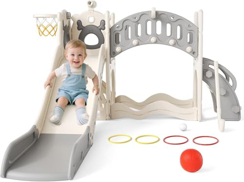 Toboggan pour enfant, grand toboggan avec panier de basket, cadre d'escalade pour le jardin, télescopique, espace de rangement, pour 1 à 3 ans, extra long 1700 mm (modèle actif six en un (toboggan