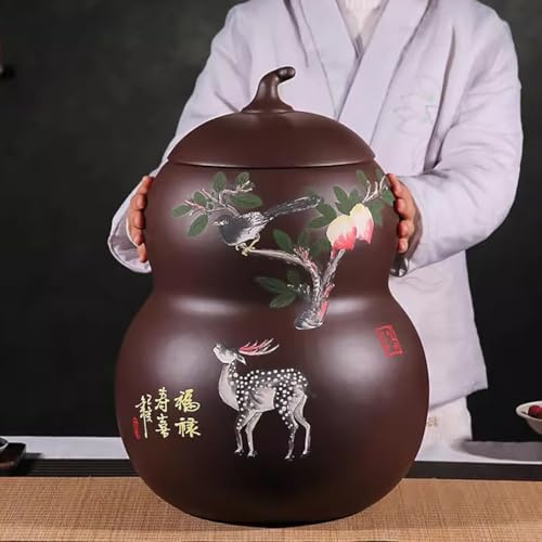 TT-YEC Large Capacity Ceramic Rice Jar, Gourd-Shaped Rice Dispenser, Sealed Rice Storage Container with Lid, Handmade Grain Jar, Capacity 10/25Kg, Classic Food Storage Container,F Capacity 25kg