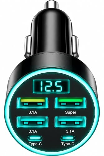 Car USB 6 in 1 45W Super fast Charger, 12-24V in Car Chargers Cigarette | Lighter Socket,30 Minute Car Charger Digital Display Monitor for IPhone,Ipad,iOS,Android Smartphones Charging Multi Charges