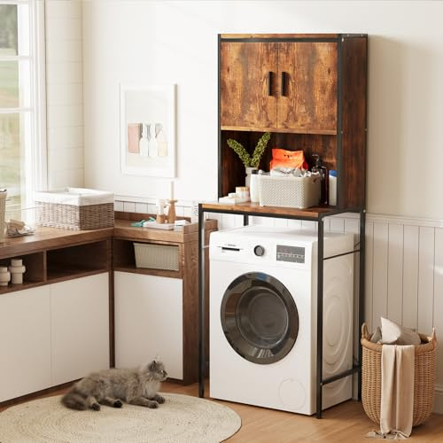 ELUCHANG Waschmaschinenschrank,67x40x174cm,Verstellbaren Ablagen,Vintage | Waschmaschinenregal,mit Türen,E1 MDF+Metall, für Waschmaschine/Trockner/Toilette