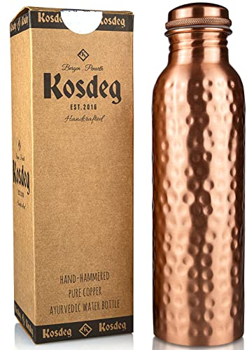 Kosdeg Copper Water Bottle - 34 Oz Extra Large - A Hammered Ayurvedic Pure Copper Vessel For Drinking - Drink More Water, Lower Your Sugar Intake And Enjoy The Health Benefits Immediately