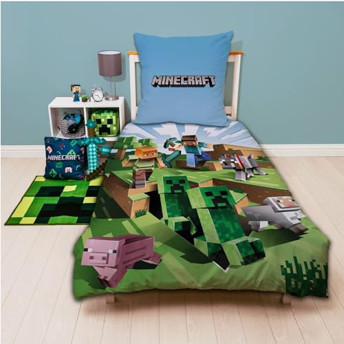 Minecraft Bettwäsche-Set – Decken- & Kissenbezug 135x200 cm & 80x80 cm mit Reißverschluss – 100% Baumwolle Renforcé – Wendemotiv mit Steve, Alex & Creeper – Öko-TEX Zertifiziert