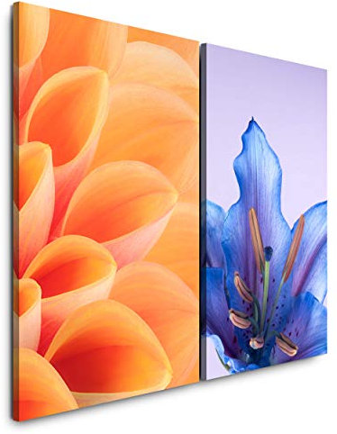 Paul Sinus Art Wandbild 2 teilig je 60x90cm Dahlie Blüten Orange Blau Blumen Sommer Dekorativ