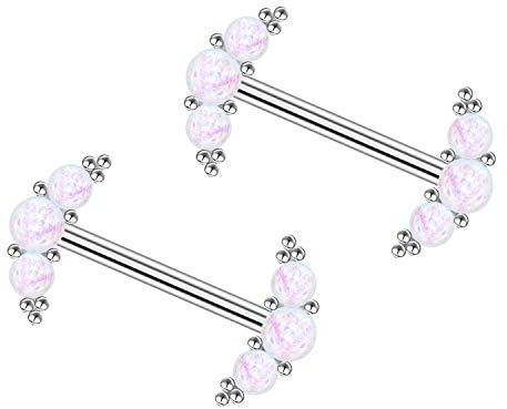 CHARMONLINE Nipple Rings 14G Surgical Steel Nipple Barbells White Opal Linear Arrangement Moon and Micro Ball Cluster Nipple Piercing Jewelry for Women Men…