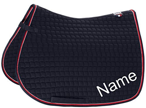 Eskadron Navy/Chilli Cotton Pony VS-Schabracke mit individuellem Namen Bestickt, Schriftart:Black Chancery, Garnfarbe Maderia:Toffee 1725