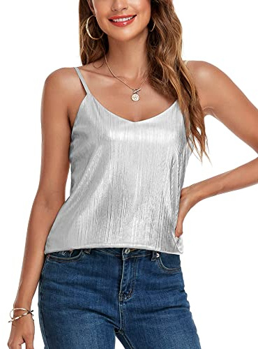 VIDUSSA - Canottiera da donna con scollo a V, in paillettes, stile camicia, senza maniche, Argento, XX-Large