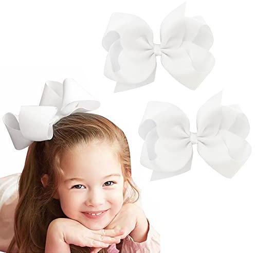 White Hair Bows 2Pcs Children Girls Ribbon Bows & Clips 6 Inch Grosgrain Ribbon Fashionable Girls Hair Accessories