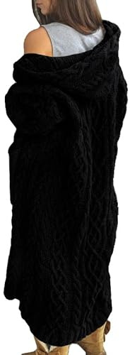 NIUBIA Cárdigan Abierto de Manga Larga para Mujer, cálido, con Capucha, Abrigo de Punto Trenzado, suéter Largo con Bolsillos, Negro Oscuro, Large