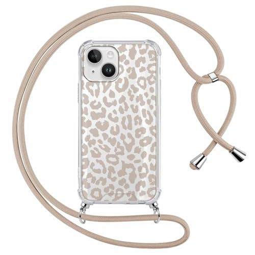 ZhuoFan Handyband Handyhülle für iPhone 14/iPhone 13 Hülle mit Band, Durchsichtig Leopard Aesthetic Muster Hülle mit Kette, Silikon PC Schutzhülle mit Kordel zum Umhängen Necklace Lanyard Case
