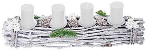 Mendler Adventskranz-AM länglich - mit Kerzen, weiß | Weihnachtsdeko, Adventsgesteck, Holz, 60x16x9cm, weiß-grau