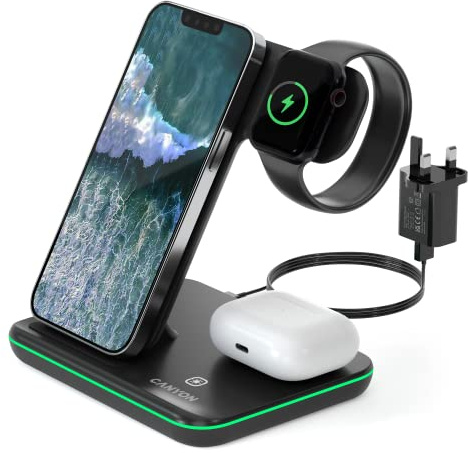 CANYON 3 in 1 Wireless Charger Compatible with iPhone Smart Watch, and Airpods Fast Quick Charge Station for Qi Devices Touch Control Backlight Desktop Charging System (Black)
