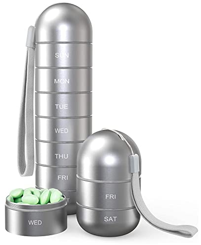 URFEDA Pillendose Schlüsselanhänger Aus Edelstahl, Wasserdicht 7 Tage Tablettenbox Medizin Pillendosen Mit 7 Teilbaren Fächer, Kleine Tablettendose Für Unterwegs, Outdoor, Reisen, Wandern, Camping