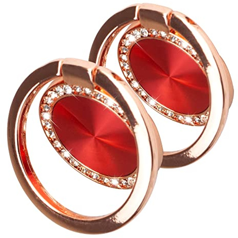[2 Pack] Concentric Circular Texture Diamond Setting Cell Phone Ring Holder Stand, 360 Degree Rotation and 180 DegreeAdjustable Finger Ring Kickstand with Polished Metal Phone Grip (Brilliant Red)