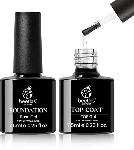 Beetles No Wipe Base y Top Coat Esmalte Semi Permanente 2pcs 7,5 ml Esmalte de Base y Acabado Esmalte de Uñas Gel UV Manicura Kit