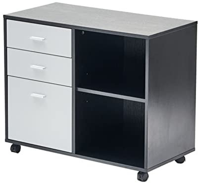FIONEL Aktenschrank Rollcontainer Aktenschrank aus Holz mit 3 Schubladen, Druckerständer mit offenen Lagerregalen, Aktenschrank mit Druckerständer for das Heimbüro Büroschrank