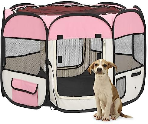 ZEYUAN Faltbarer Welpenlaufstall mit Tragetasche, Welpenlaufstall, Laufstall Hund, Hundelaufstall, Hundepark, Katzengehege, Hundezelt, Auslauf Für Hunde, Rosa 90x90x58 cm