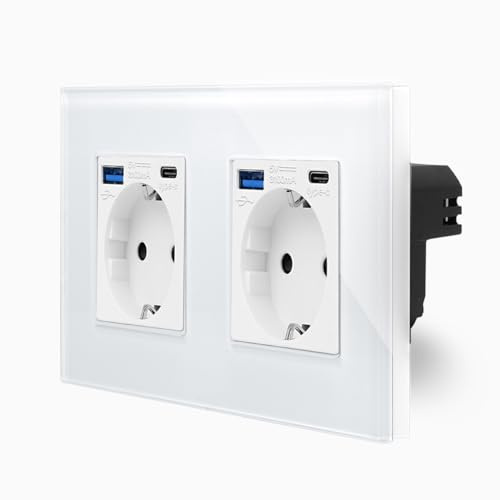 Luxus-Time 2-Fache USB Steckdose mit USB A/C Anschluss 20W im zweifachen Design Glasmrahmen für die DE Unterputzdose Einbau Dose zweifach Schuko Stecker in Weiß LXBG2-MP010U-2-11
