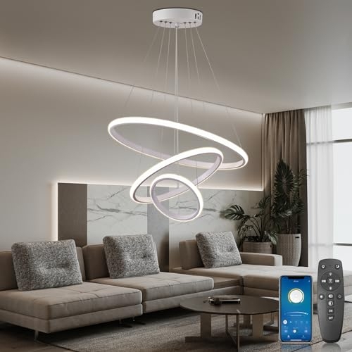 YOODI Lampadario a Sospensione per Tavolo 45W, 3 Anelli LED Lampada a Sospensione con Telecomando, Dimmerabile 3000K-6000K, Lampadario a Soffitto per Soggiorno, Camera da Letto, Hotel, Bianco