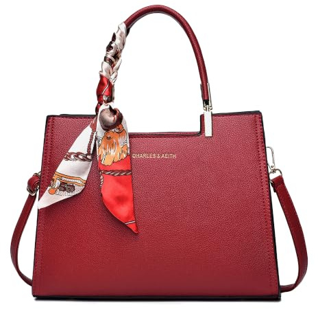 FOLOVEYA Damen Handtasche Elegant, Henkeltasche Mittelgroß PU Leder Taschen für Damen, Umhängetasche mit Dekorativem Band für Arbeit und Alltag Rot Bordeaux