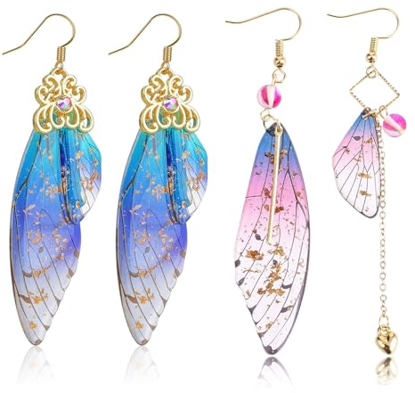HIFOT 2 Paare Boho Schmetterling Ohrringe Hängend Damen, Vintage Fee Flügel Ohrringe Set, Gold Ohrringe Lange Stechen Schmuck Set Zubehör für Valentinstag-Geburtstags-Party-Geschenk (Rosa Blaue)