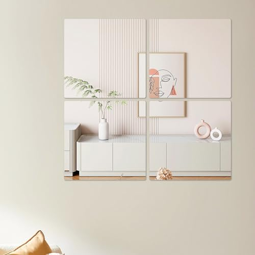 Hode Klebespiegel Spiegelfolie Spiegelfliesen Selbstklebend, Acryl Spiegel Zum Kleben für Schrank Die Wand Kinderzimmer Schrank Tür, 30x30cm 4 Stücks