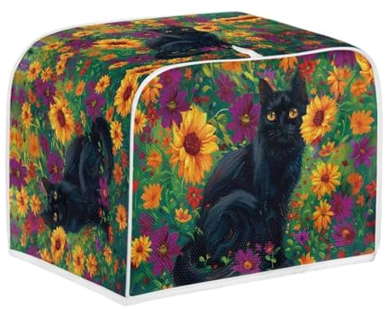 Xoenoiee Toaster-Abdeckung, Motiv: schwarze Katze, bunte Blumen, 4 Scheiben, gesteppte Toaster-Abdeckung, Brotbackmaschinen-Abdeckung, Küche, kleine Geräte, Toaster-Ofenabdeckung