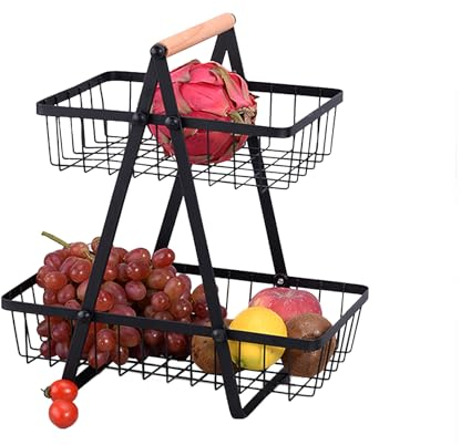 STAWINM 2-Tier Fruit Basket Detachable Fruit Basket High Capacity Countertop Vegetable Racks: Metal Portable Holder with Wooden Handle for Bathroom Fruit Vegetables Snacks in Home Kitchen Office…