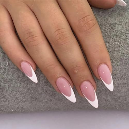 Press on Nails - 24pcs Almond False Nails - Nude Pink French Tip False Nails - 12 Sizes Stick on Nails for Women - Medium Length Glue on nails - Elegant White Tips Design Acrylic Fake Nail