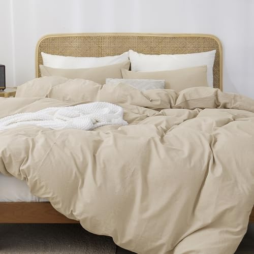 ATsense Bettwäsche 135x200 Baumwolle 2teilig, Stonewashed Bettwäsche-Sets Hell Taupe Ähnlich wie Leinen, Oeko-TEX, Hypoallergen und Atmungsaktiv, 1 Bettbezug und 1 Kissenbezug 80x80