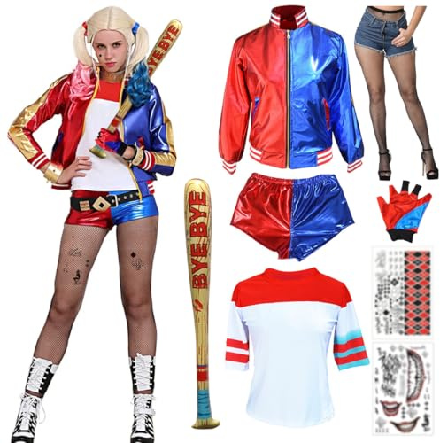 Capaneus Faschingskostüme Damen, Cosplay Kostüm Blau Rot mit Jacke, T-Shirt, Shorts, Handschuh, Tattoos, Netzstrümpfe Accessories für Damen Erwachsene Karneval Halloween Cosplay Party