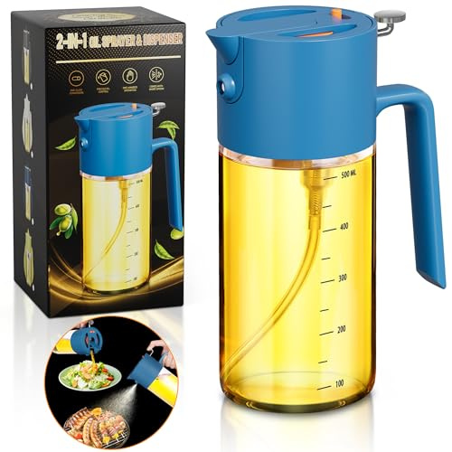 Pulverizador de aceite para cocinar, botella dispensadora de aceite de oliva avanzada grande 2025, pulverizador de aceite de oliva de vidrio de 500 ml / 17oz, spray uniforme 2 en 1 con control de