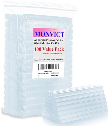 MONVICT Hot Glue Sticks, Pack of 100 (2.2 lb) 4Long 0.43 Diameter Full-Size Hot Glue Gun Sticks Art Glues Pastes Hot Melt Sticks for Most Large Glue Guns, Clear Glue Sticks for DIY, Arts & Crafts