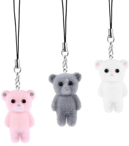 Charms de Téléphone Mignons, Breloques de Téléphone Chaton Breloques de Téléphone Lapin Accessoires de Lanière d'Ours Breloques pour Sac Porte-Clés Appareil Photo (Style 1, Blanc Rose Gris)