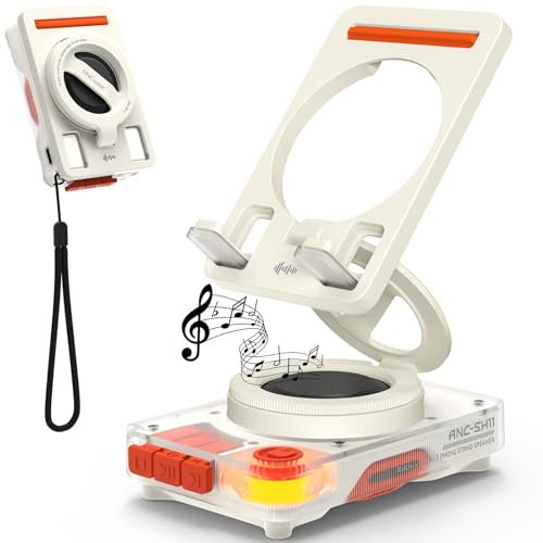 ANCwear Smartphone-Halter mit Bluetooth-Lautsprecher, 5W Klarer Sound, TF-Karte (microSD) für Musik ohne Smartphone, Verstellbarer Ständer, Bis zu 10 Std. Wiedergabe (Weiß/Retro-Rot (mit Karte))