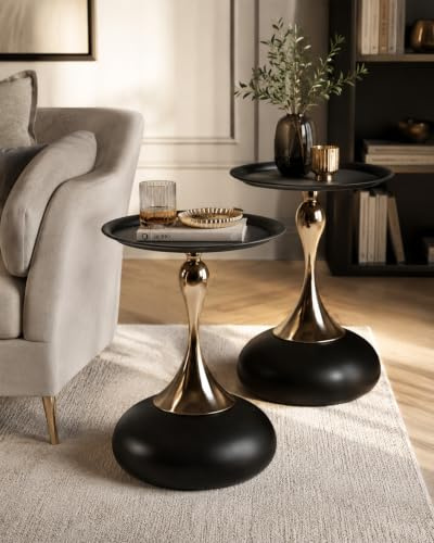 Ginhow Couchtisch Schwarz Gold, Kleiner Runder Couchtisch Vintage, Metall Beistelltisch Rund Gold, Kreativer Nachttisch Kaffeetisch für Wohnzimmer Schlafzimmer Balkon, Ø40CM