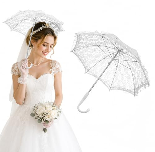 Healvian Bridal Lace Umbrella White Parasol Small Size Wedding Accessory for Bridesmaid Photo Props and Stage Performance