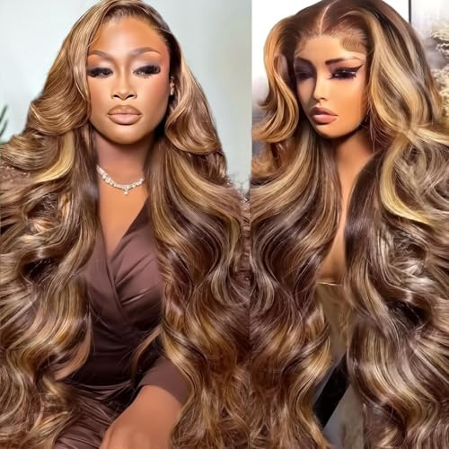 Echthaar Perücke 4/27 Highlight Body Wave Real Human Hair Wig 200% Dichte Ombre Blonde 13x4 HD Lace Front Wig for Black Women Glueless Perücke Damen Echthaar Pre Plucked Hairline 24 Zoll (61cm)