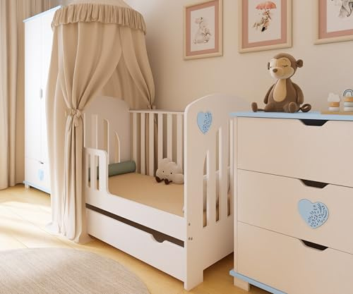 ZEE - Babybett Kinderbett, 2w1 Bett Heart - mit Schublade auf kugelgelagerten Schienen, Schutzgitter und Verstellbarer Rahmen - Wächst mit dem Kind - 120x60cm - Weiß/Blaues Herz